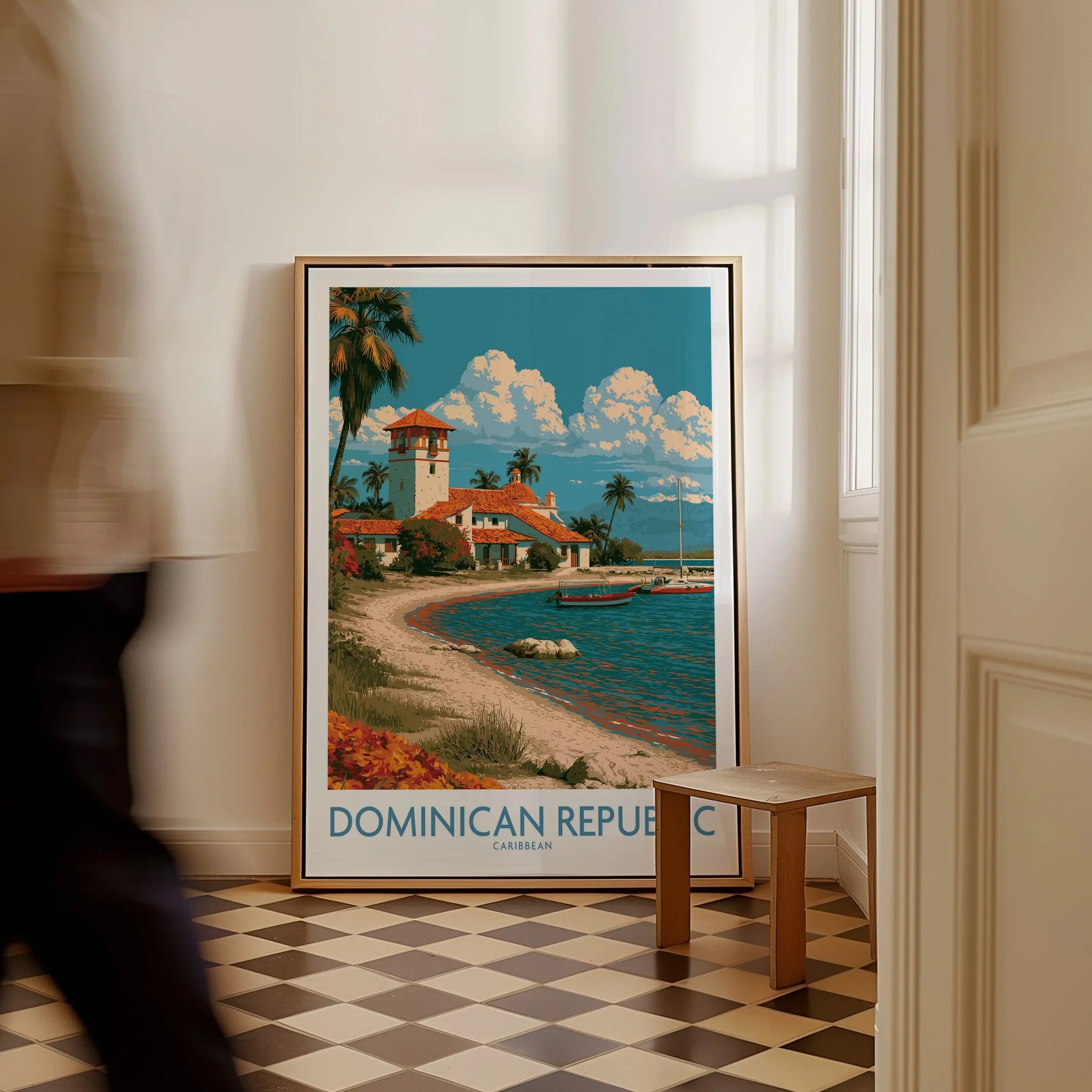 Dominican Republic Caribbean travel poster with beach, palm trees, and coastal villa, framed wall art for home decor