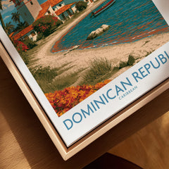 Dominican Republic Caribbean travel poster print with beach, palm trees, and coastal village art