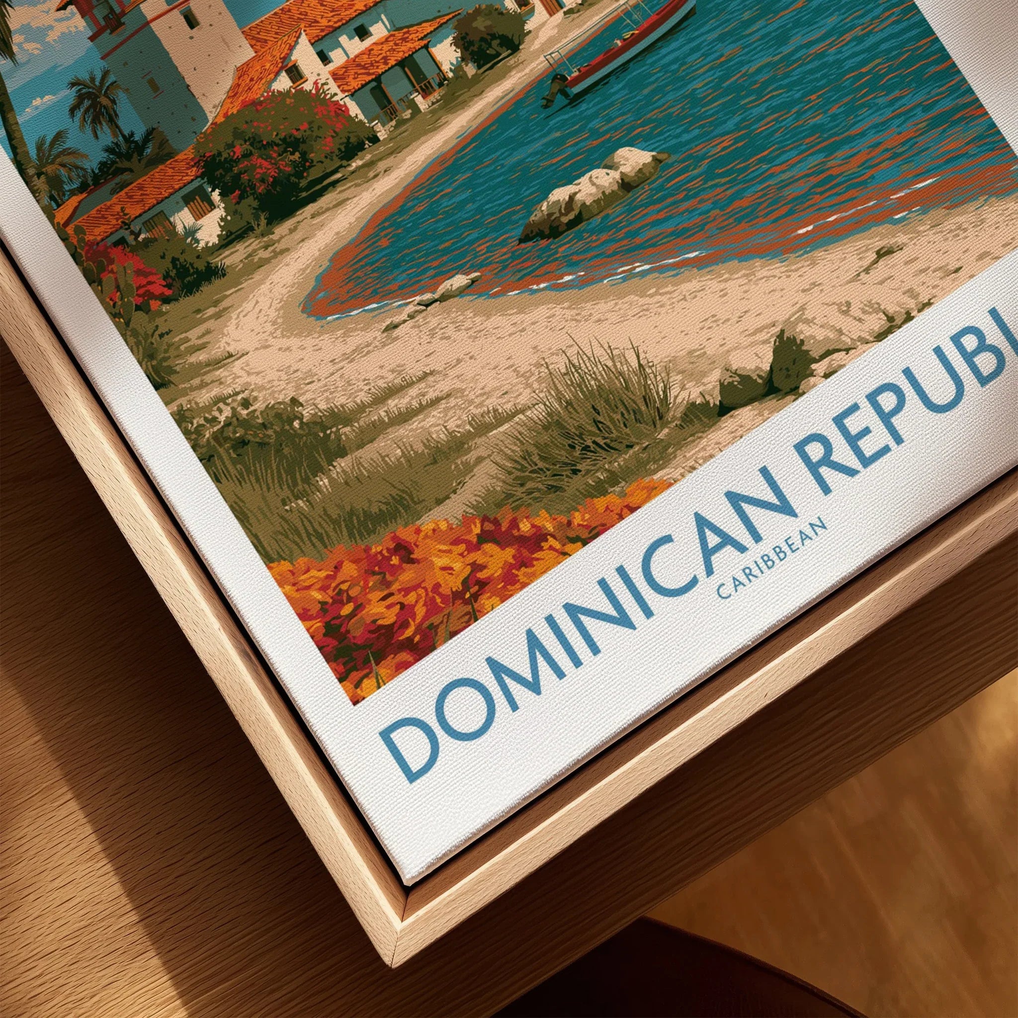 Dominican Republic Caribbean travel poster print with beach, palm trees, and coastal village art