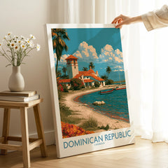 Dominican Republic Caribbean travel poster with beach, palm trees, and coastal village, perfect wall art for home decor.