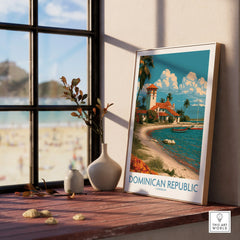 Framed Dominican Republic travel poster with beach, palm trees, and coastal village, perfect for home wall art decor.
