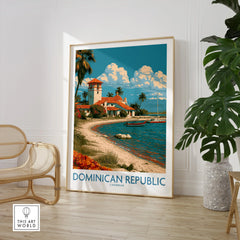 Dominican Republic Caribbean travel poster with beach, palm trees, and coastal village, perfect wall art decor.