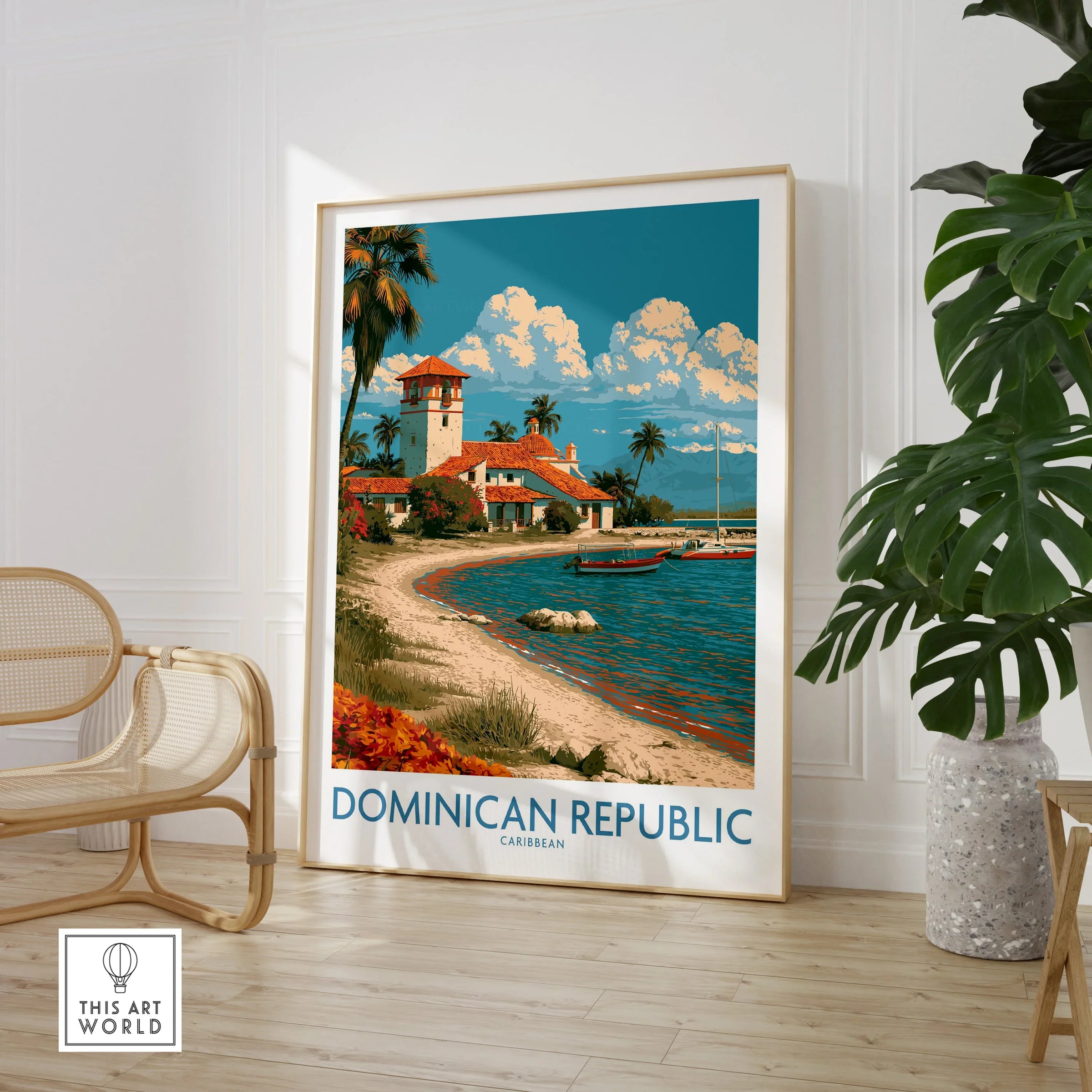 Dominican Republic Caribbean travel poster with beach, palm trees, and coastal village, perfect wall art decor.