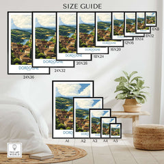 Dordogne Poster France size guide showcasing different frame sizes for the stunning Dordogne landscape print.