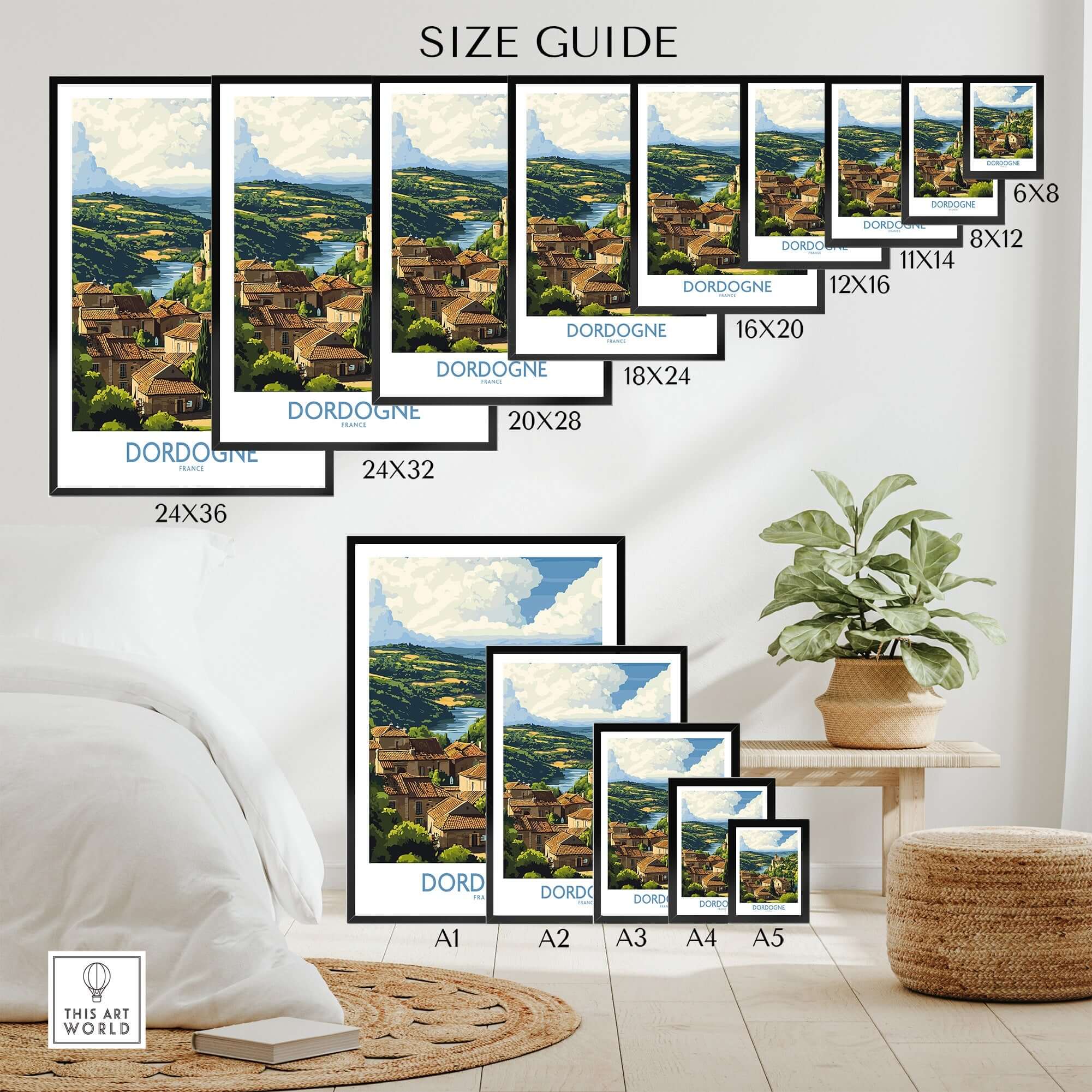 Dordogne Poster France size guide showcasing different frame sizes for the stunning Dordogne landscape print.