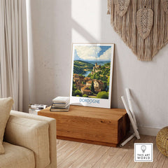Dordogne Poster France showcasing picturesque landscapes and charming villages in a cozy living room setting.