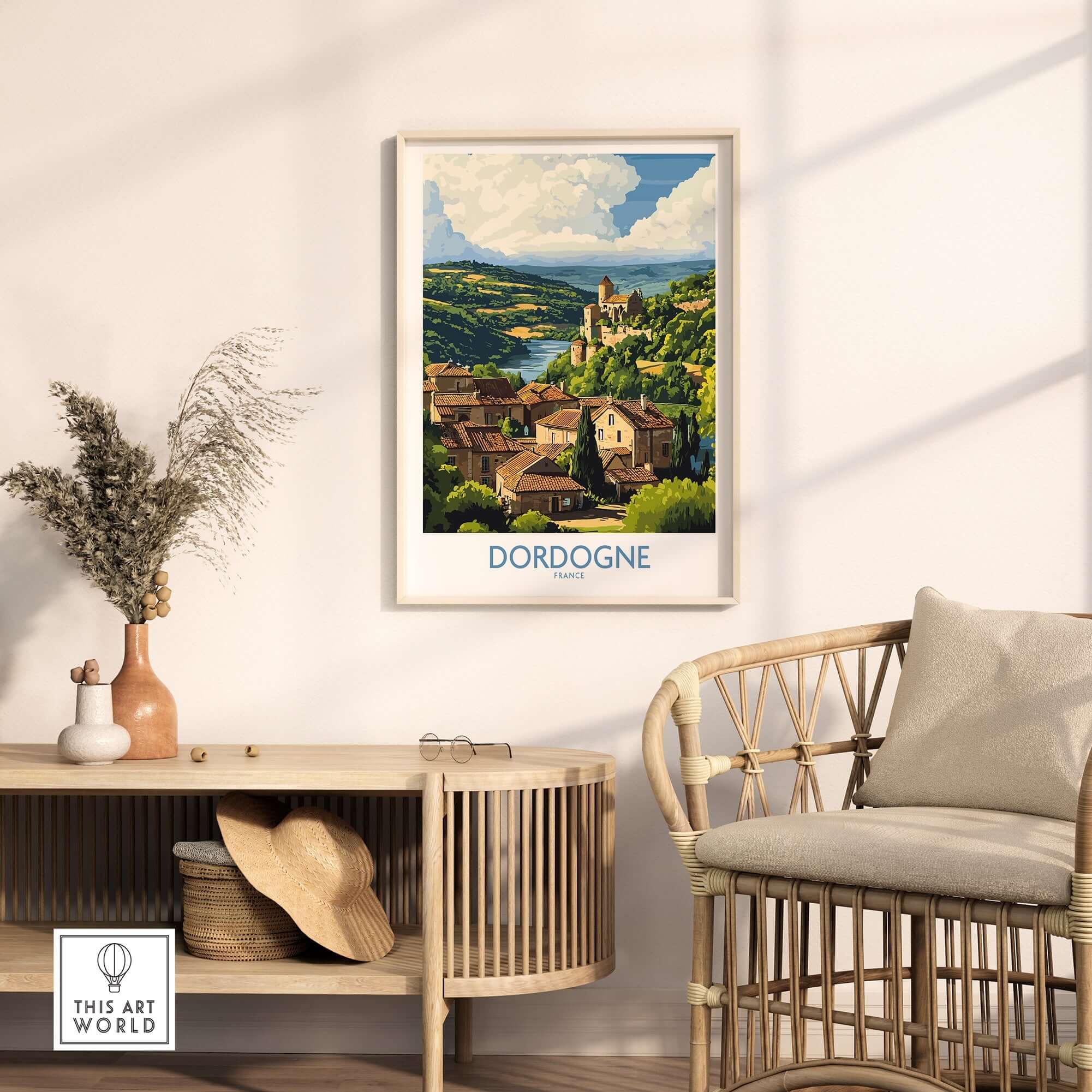 Dordogne Poster France showcasing picturesque landscapes and charming villages in a stylish living room setting.