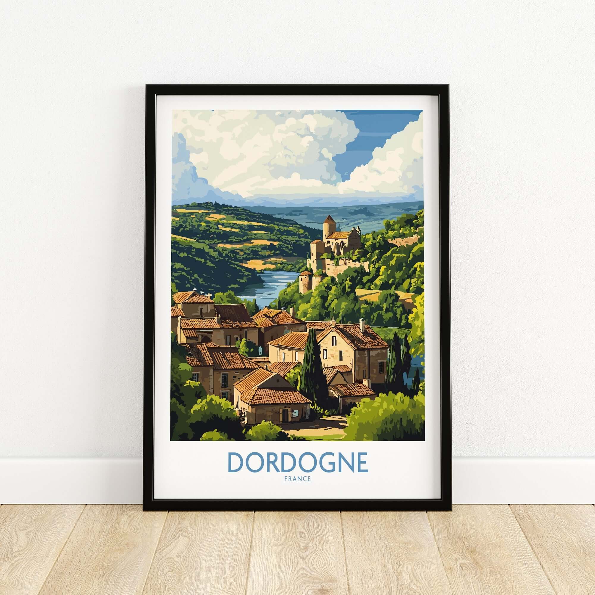 Dordogne Poster France featuring picturesque landscapes and charming villages in the Dordogne region of France.