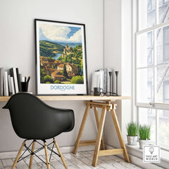 Dordogne Poster France displayed in a stylish home office setting featuring picturesque landscapes.