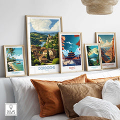 Dordogne Poster France displayed among travel posters on a stylish wall decor.