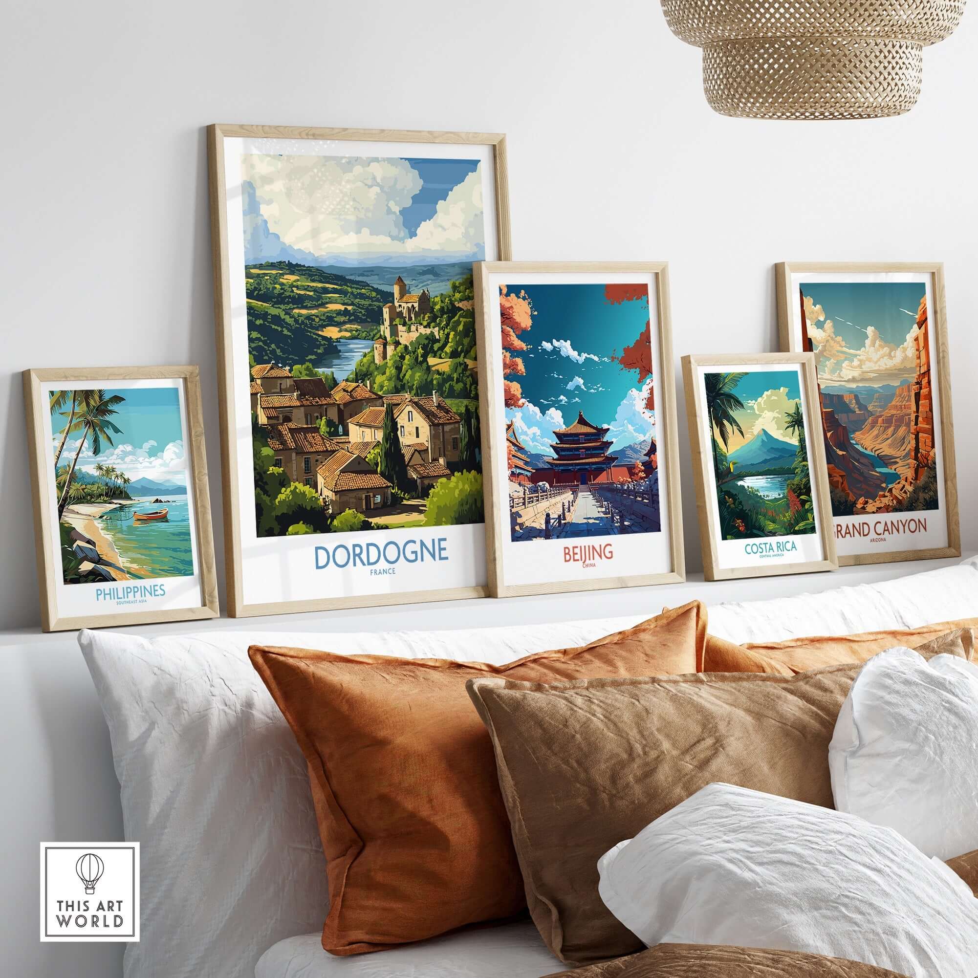 Dordogne Poster France displayed among travel posters on a stylish wall decor.