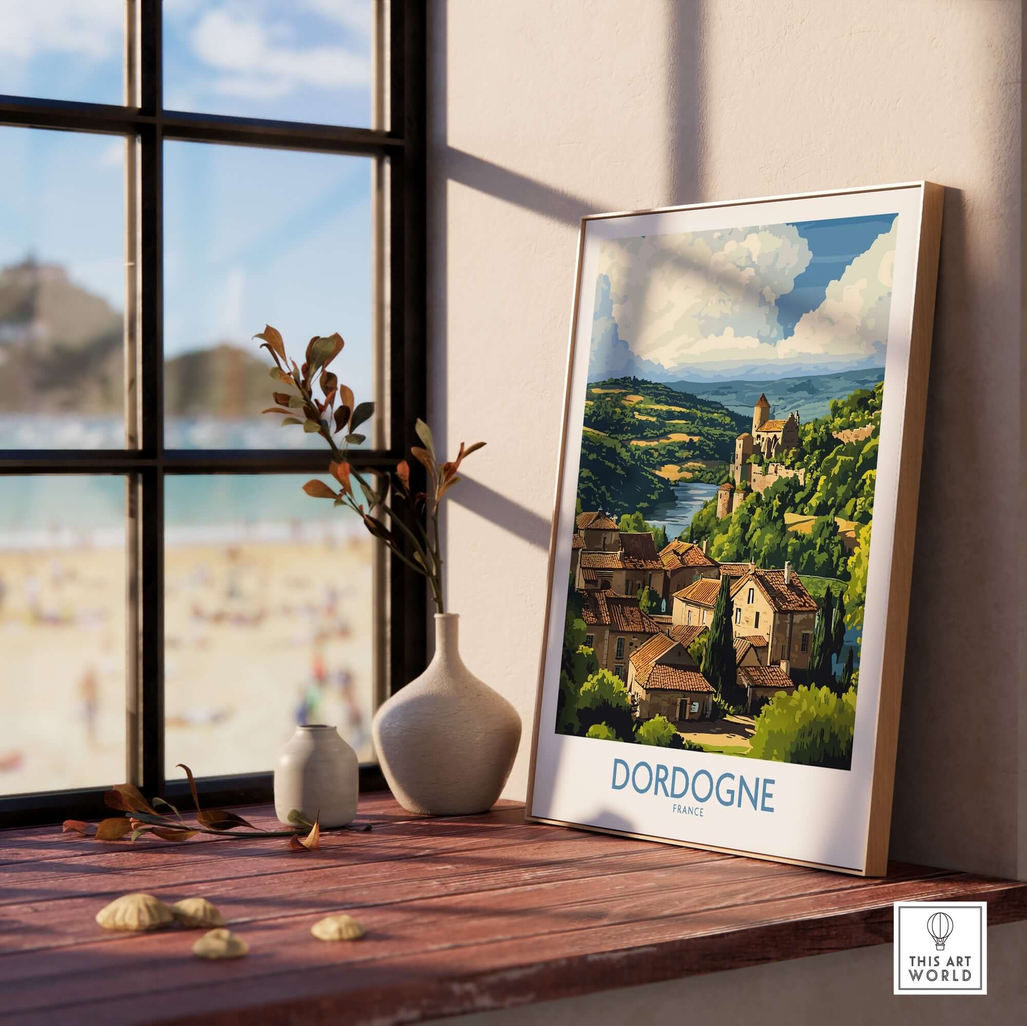 Dordogne Poster France showcasing picturesque landscapes and charming villages in a sunlit interior.