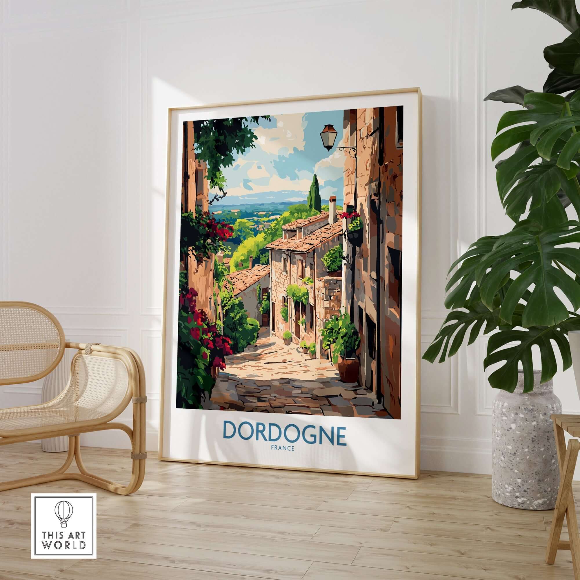 Dordogne Travel Poster showcasing a picturesque street in the Dordogne region of France, perfect for home decor.