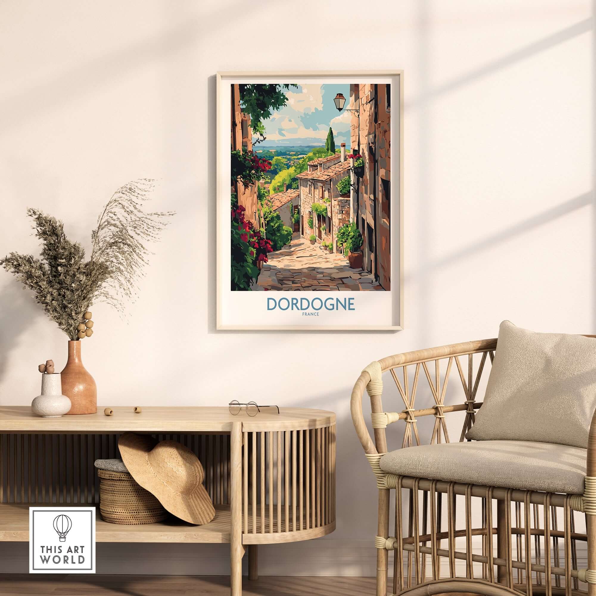 Dordogne Travel Poster featuring a charming street scene with vibrant colors, perfect for home decor.