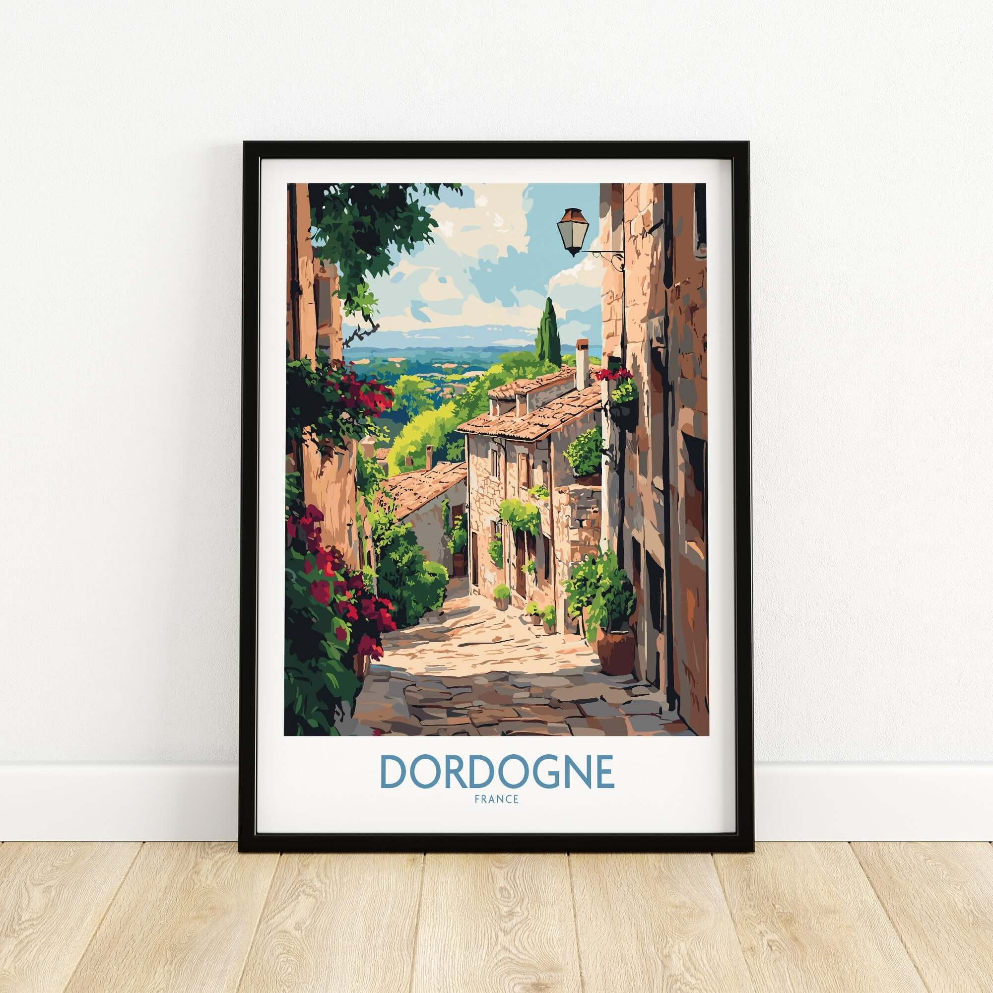 Dordogne Travel Poster featuring a charming street scene from Dordogne, France, with vibrant colors and stunning landscape views.