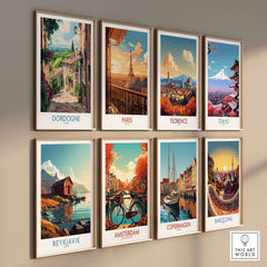 A collection of travel posters featuring Dordogne, Paris, Florence, Tokyo, Reykjavik, Amsterdam, Copenhagen, and Barcelona.