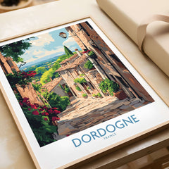 Dordogne Travel Poster showcasing a picturesque street scene in Dordogne, France, vibrant colors and charming rustic architecture.