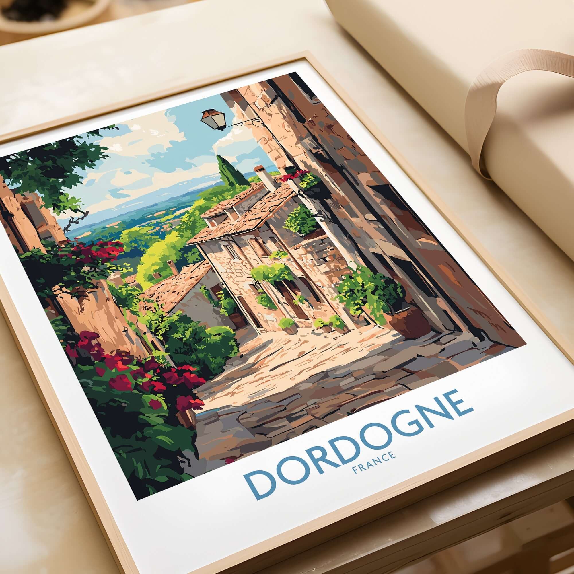 Dordogne Travel Poster showcasing a picturesque street scene in Dordogne, France, vibrant colors and charming rustic architecture.