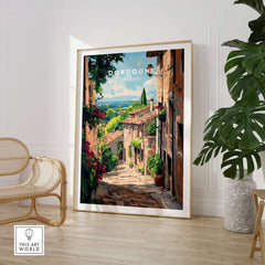 Dordogne Travel Print showcasing a picturesque street scene in the Dordogne region with vibrant colors and lush greenery.