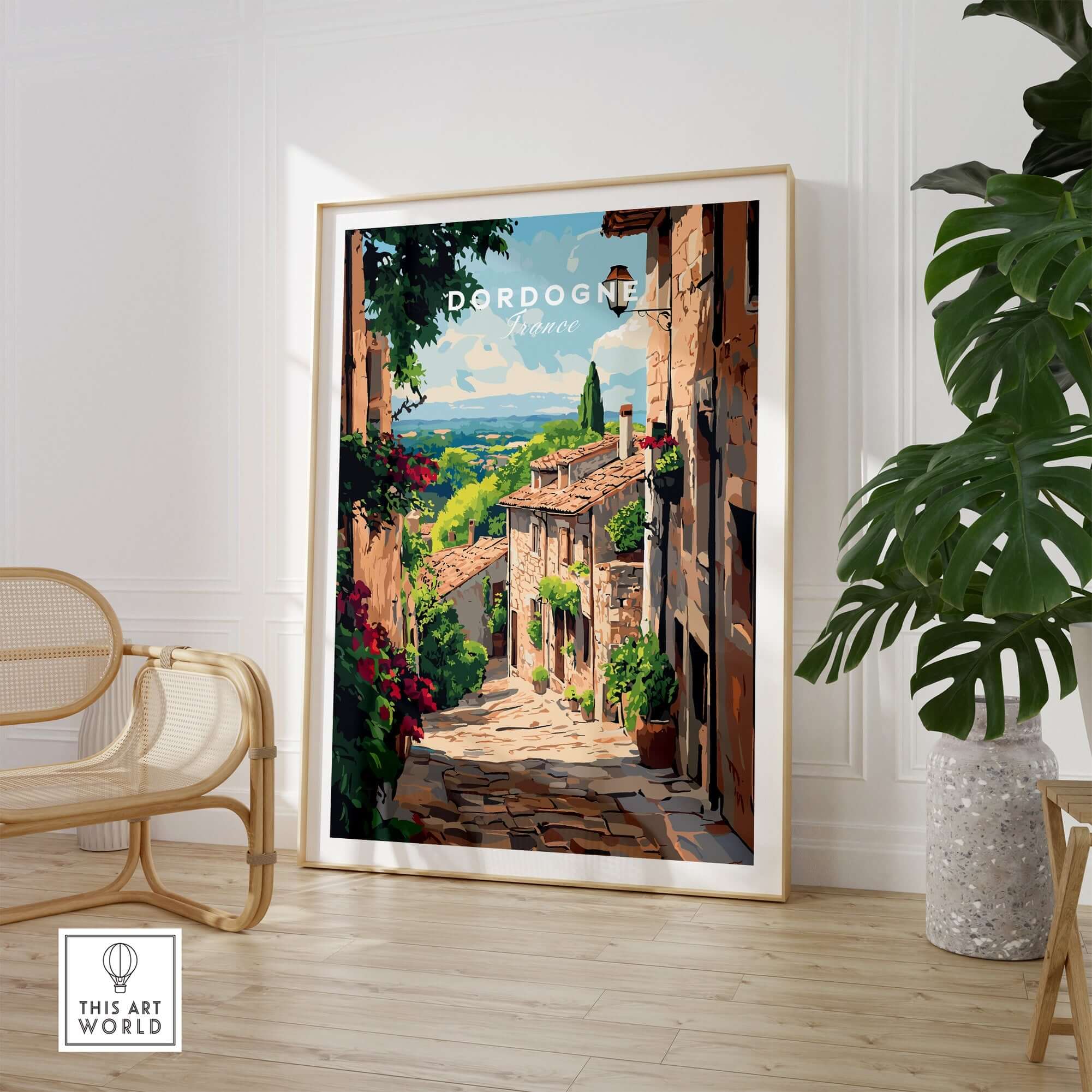 Dordogne Travel Print showcasing a picturesque street scene in the Dordogne region with vibrant colors and lush greenery.