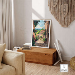 Dordogne Travel Print displayed in a cozy living room, showcasing scenic beauty of the Dordogne region.