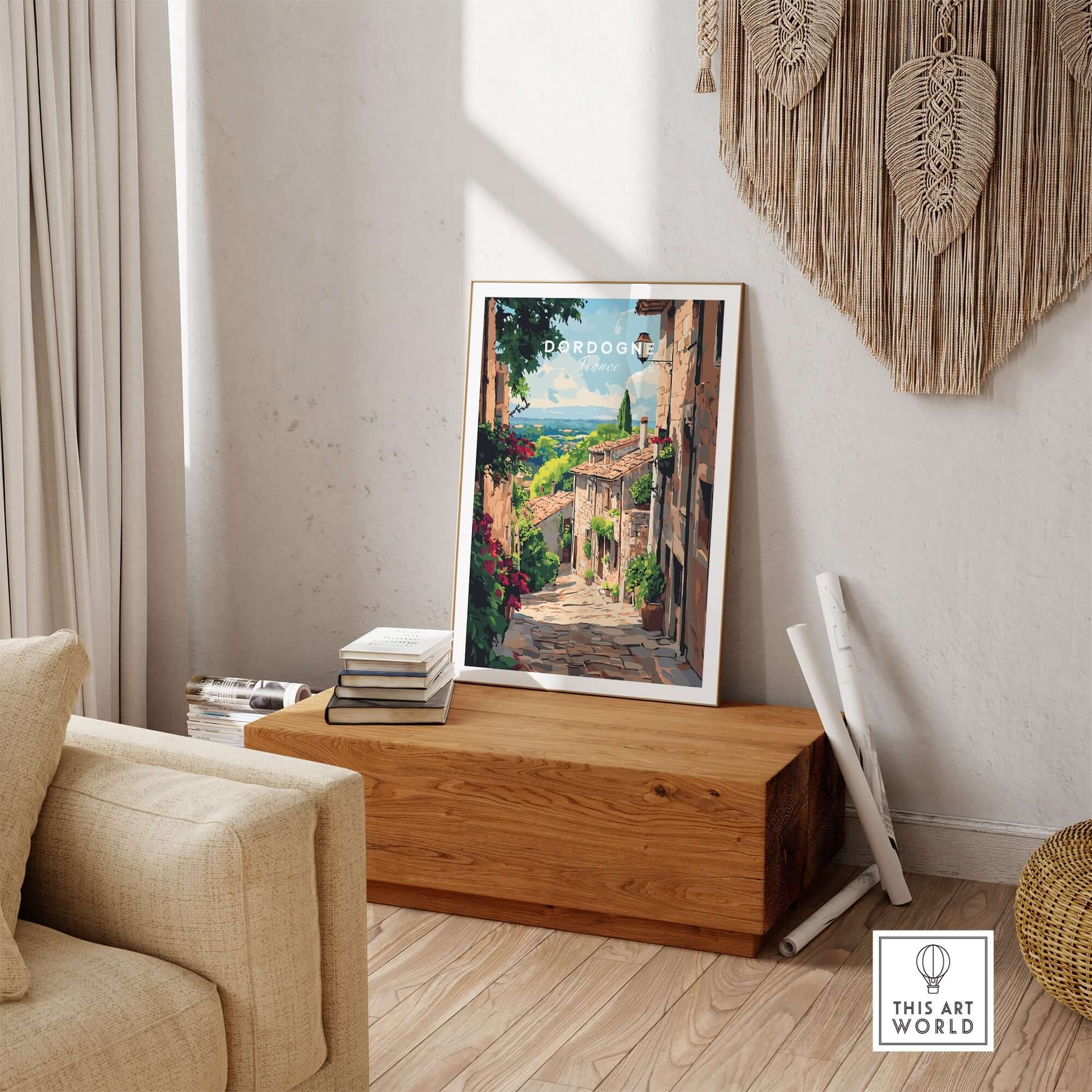 Dordogne Travel Print displayed in a cozy living room, showcasing scenic beauty of the Dordogne region.