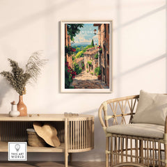 Dordogne Travel Print showcasing a picturesque street in the Dordogne region, framed in a cozy interior setting.