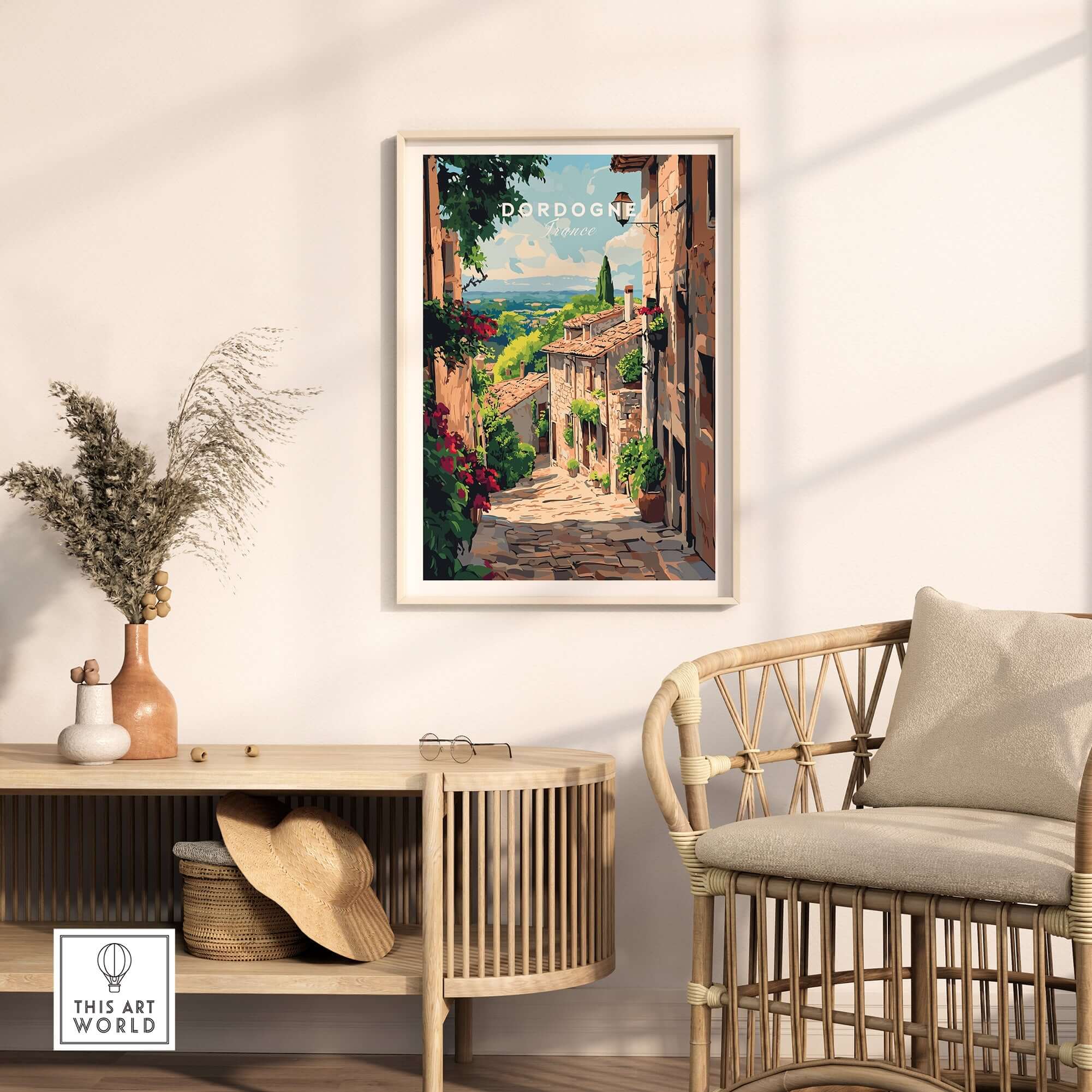 Dordogne Travel Print showcasing a picturesque street in the Dordogne region, framed in a cozy interior setting.