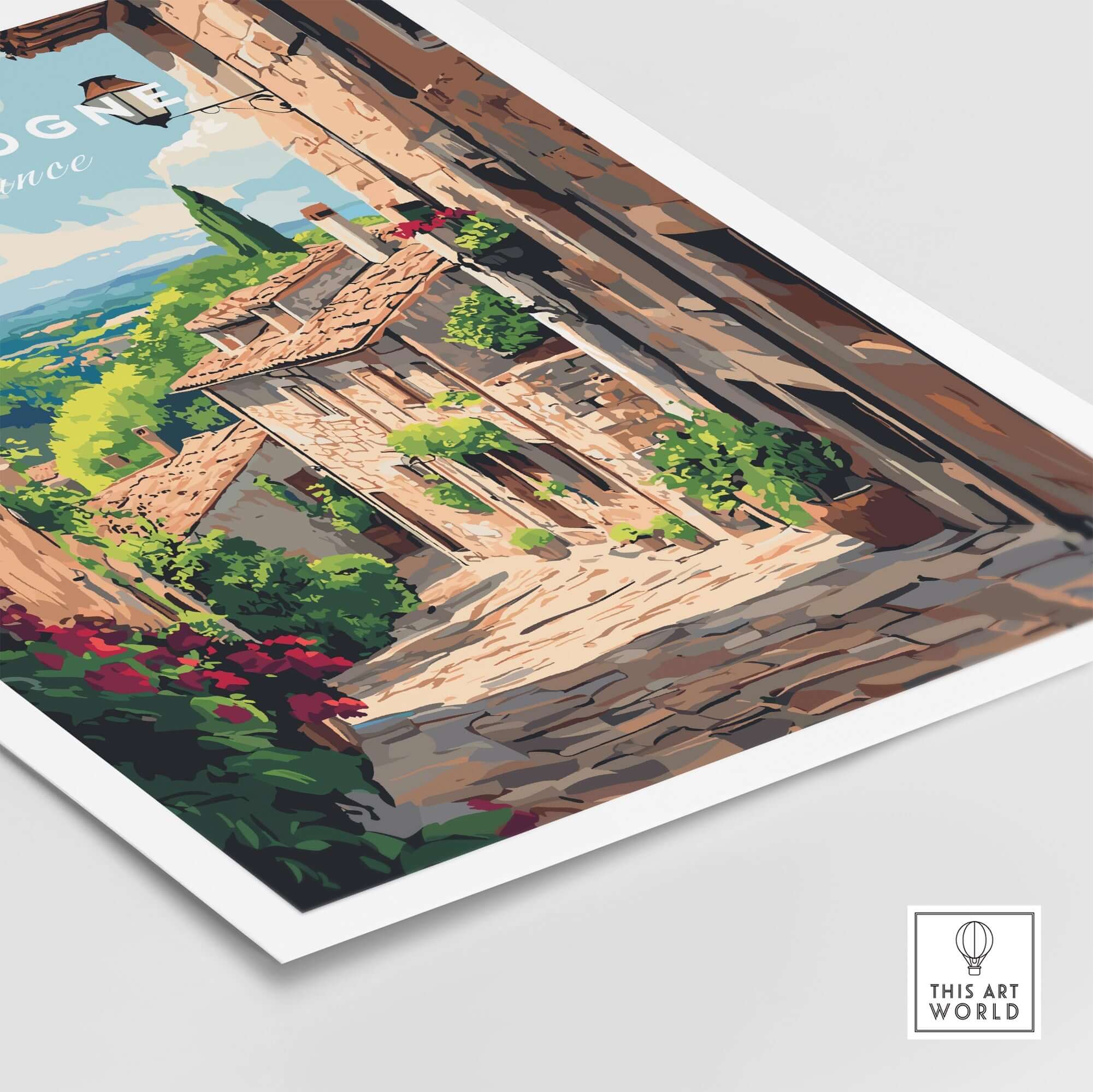Dordogne Travel Print showcasing a picturesque French countryside street with vibrant colors and intricate details.