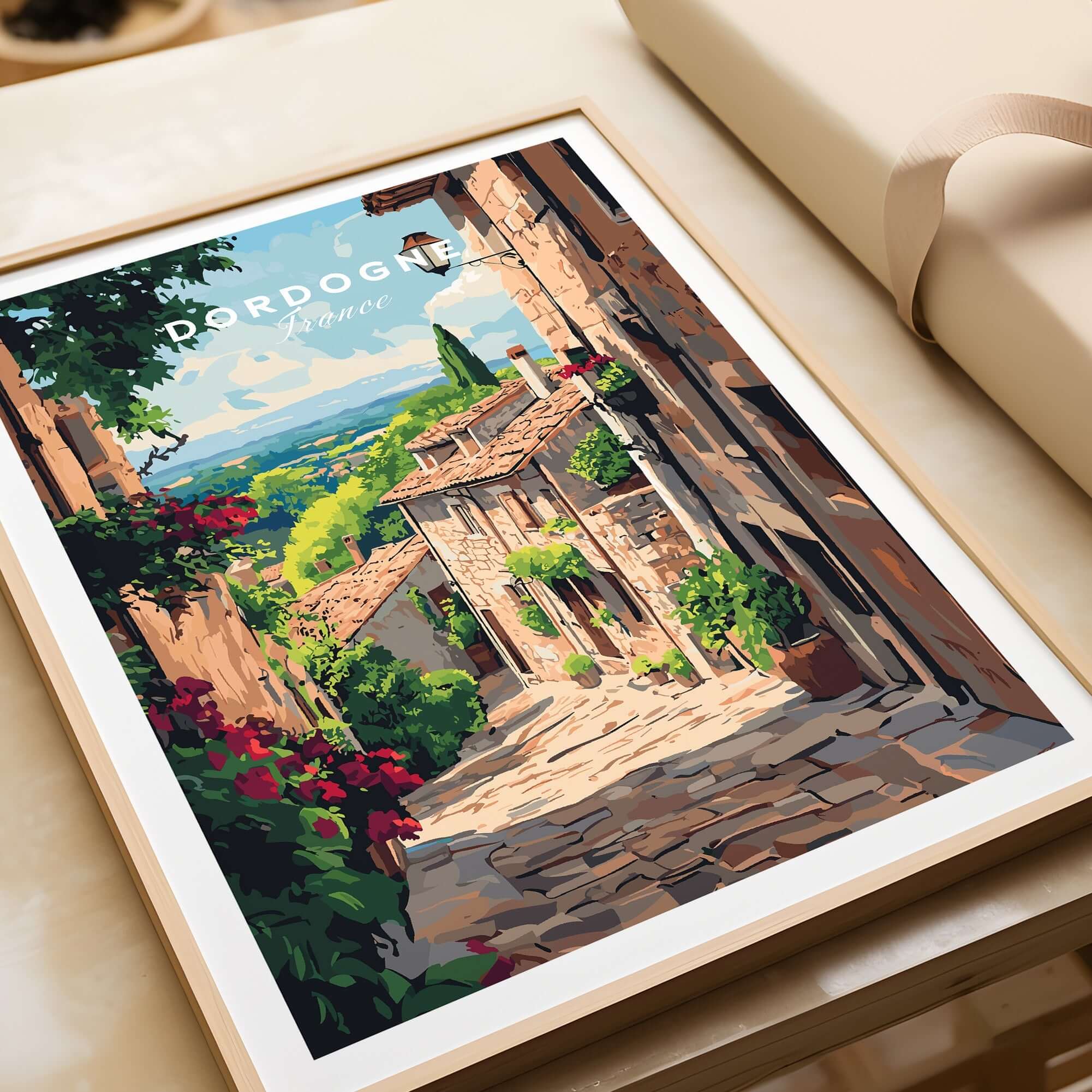 Dordogne Travel Print showcasing a vibrant street scene in the picturesque Dordogne region of France.