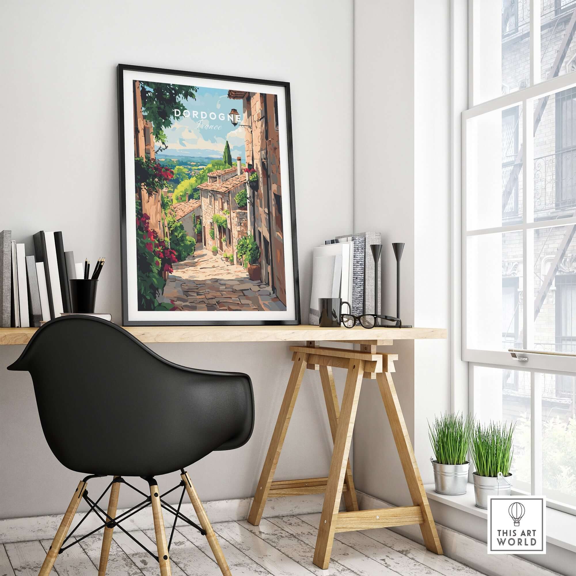 Dordogne Travel Print showcasing a picturesque street scene with vibrant colors and intricate details.