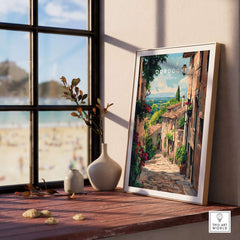 Dordogne Travel Print showcasing a picturesque street scene in the Dordogne region with vibrant colors and intricate details.