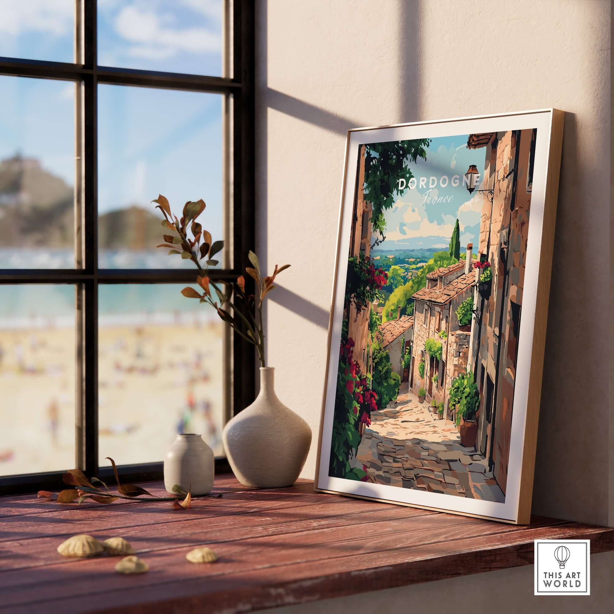Dordogne Travel Print showcasing a picturesque street scene in the Dordogne region with vibrant colors and intricate details.