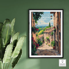 Dordogne Travel Print showcasing a charming street in the Dordogne region with vibrant colors and stunning landscape.