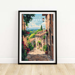 Dordogne Travel Print featuring a scenic view of a picturesque French village with vibrant colors.