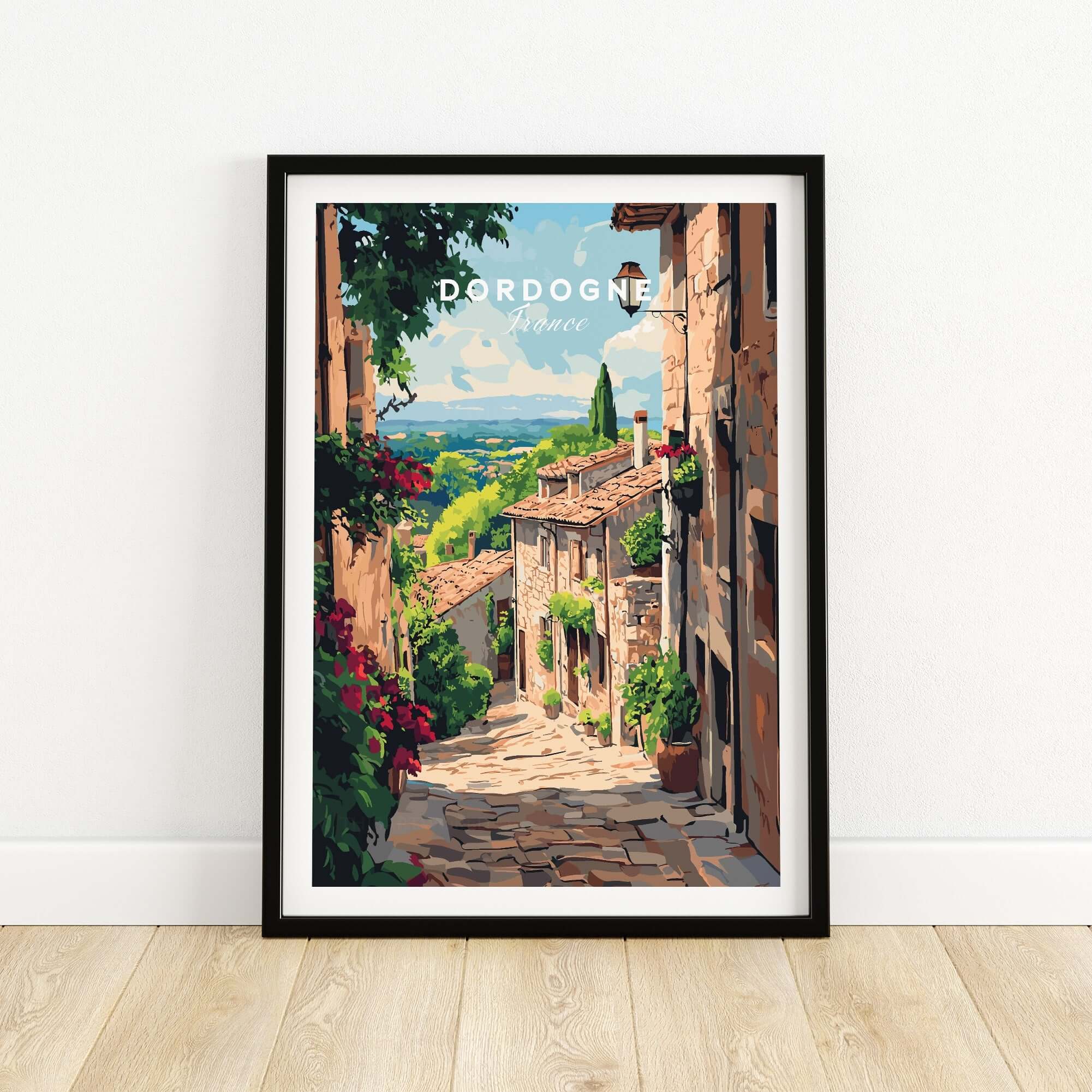 Dordogne Travel Print featuring a scenic view of a picturesque French village with vibrant colors.
