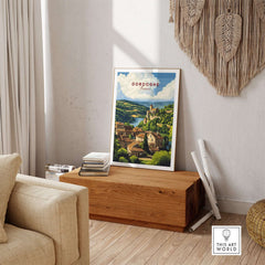 Dordogne Wall Art Print displayed in a chic living room setting, highlighting the beauty of the Dordogne region.