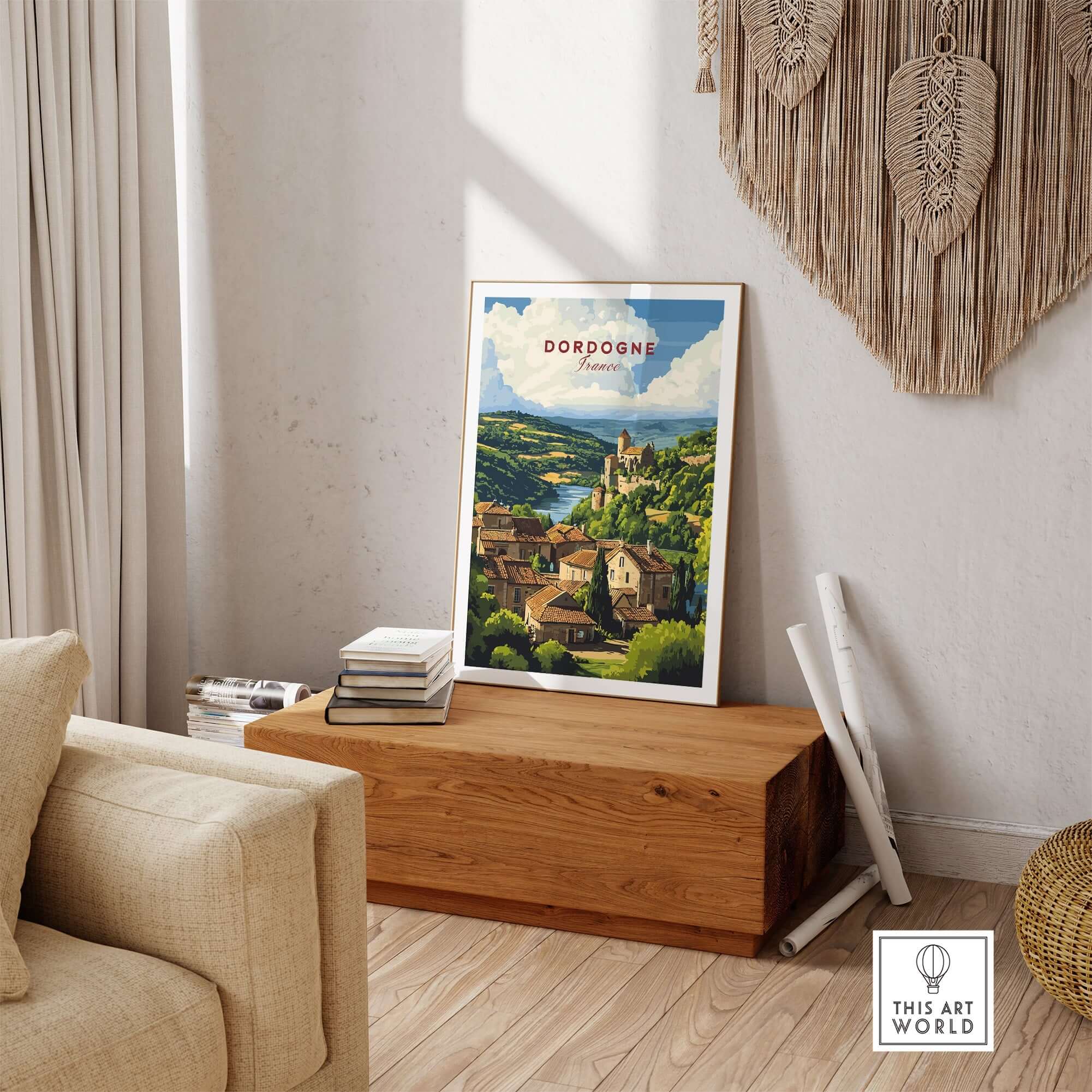 Dordogne Wall Art Print displayed in a chic living room setting, highlighting the beauty of the Dordogne region.