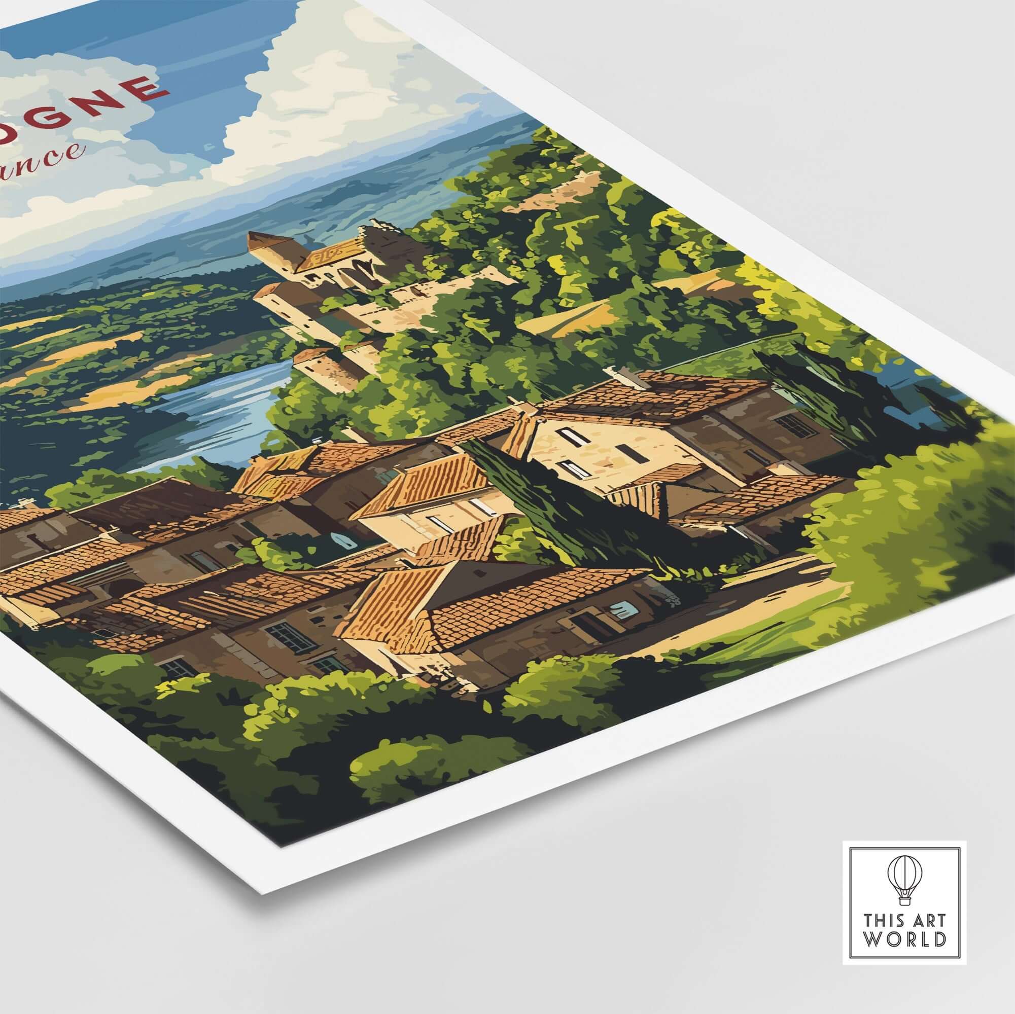 Dordogne Wall Art Print depicting charming landscape of Dordogne region with vibrant colors and elegant design.
