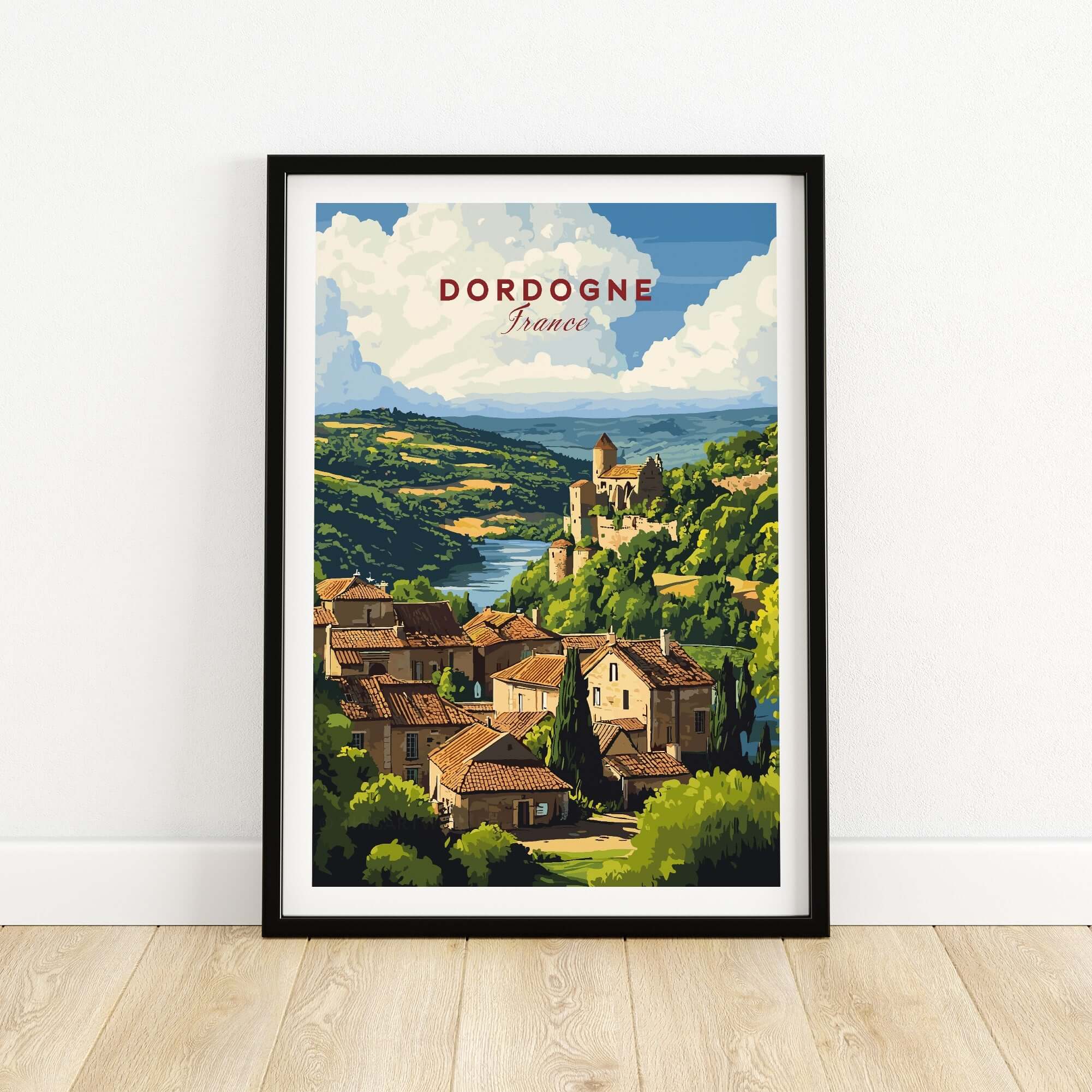 Dordogne Wall Art Print featuring a picturesque landscape of Dordogne, France with vibrant colors and charming buildings.