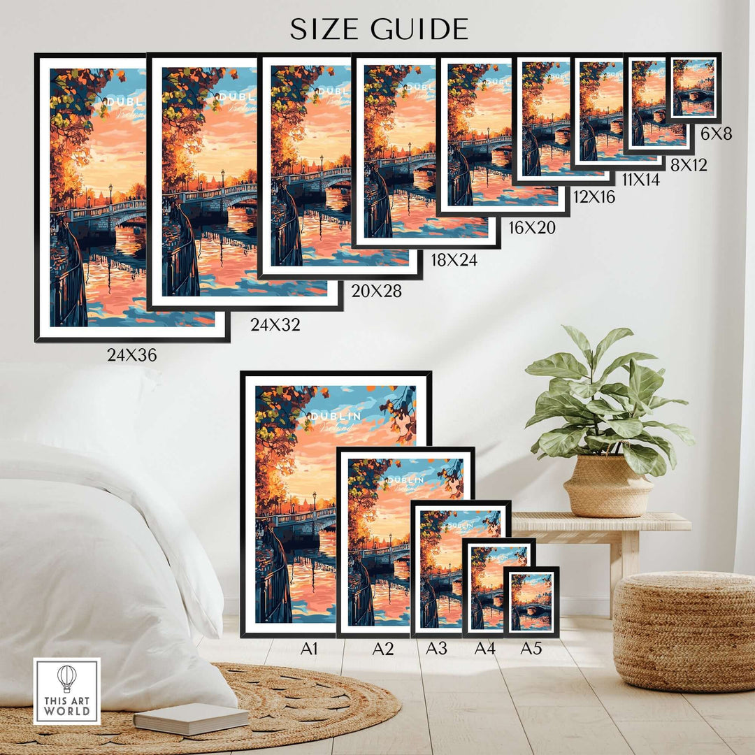 Size guide for Dublin art print showing various frame sizes displayed in a cozy living room setting.