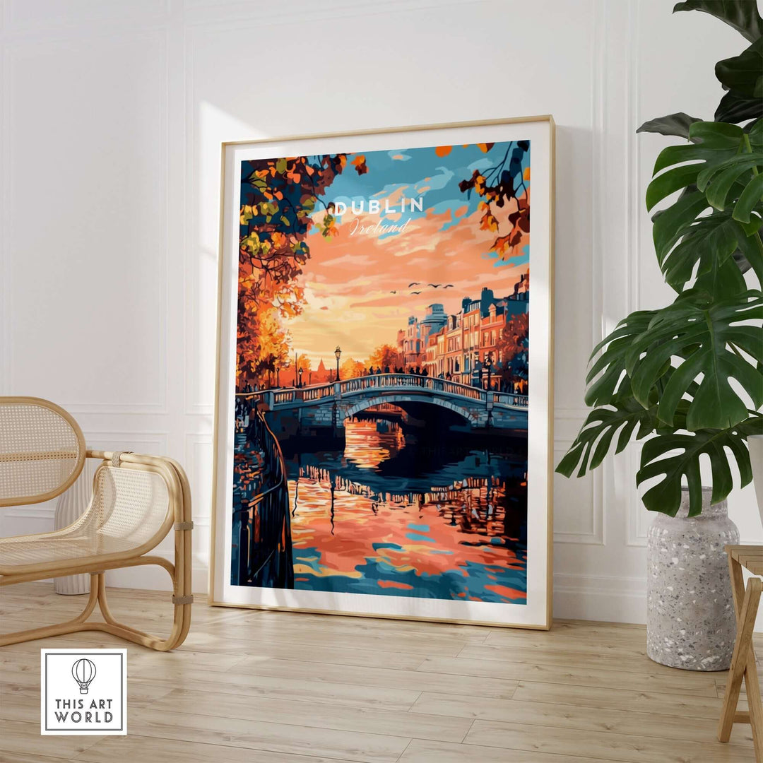 Dublin art print featuring a vibrant sunset over a scenic bridge, framed and displayed in a stylish interior setting.