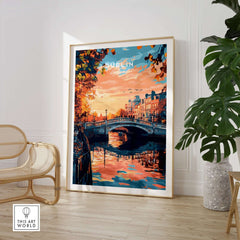 Dublin Art Print showcasing vibrant cityscape with a bridge and sunset, perfect for home decor.