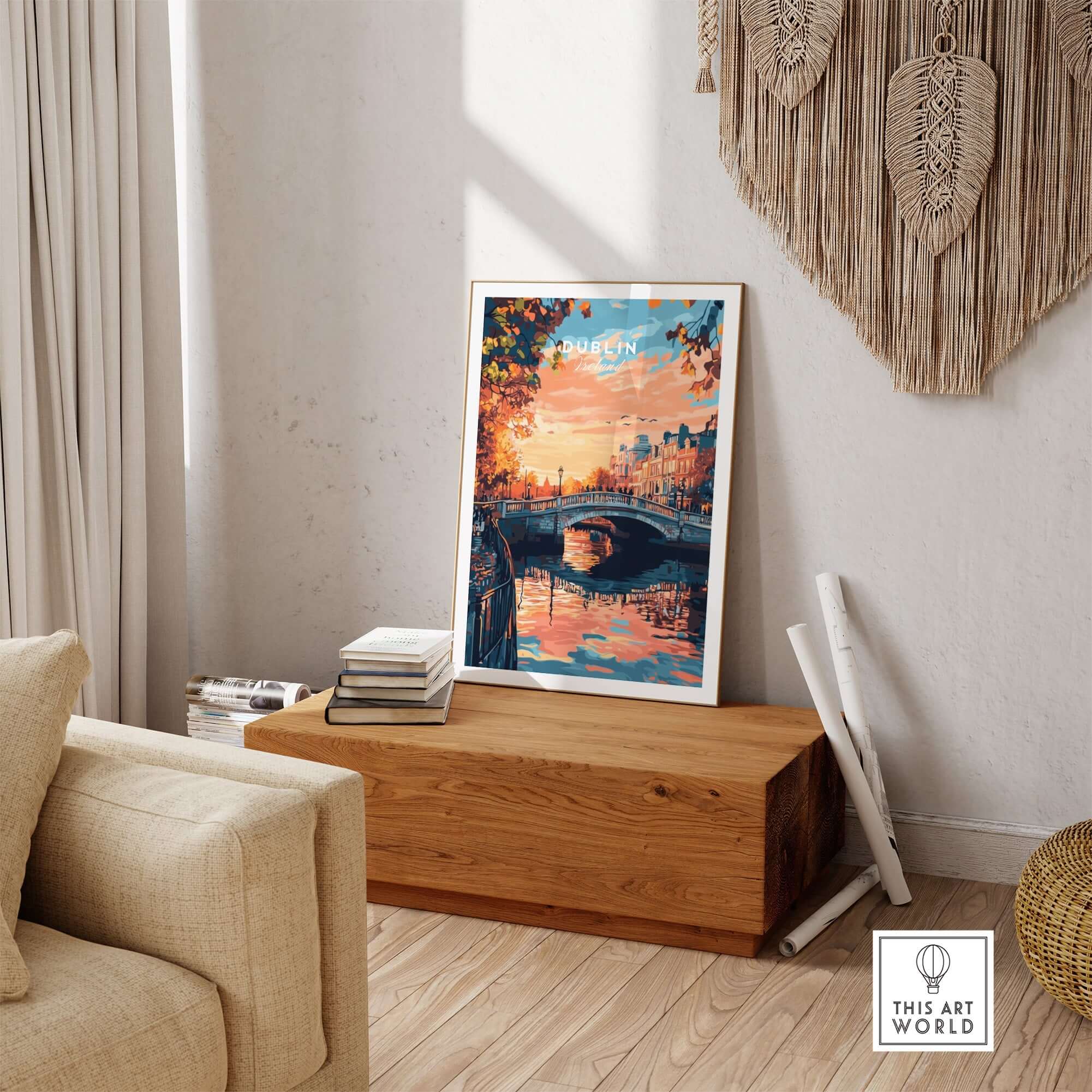 Dublin Art Print displayed in a cozy living room, showcasing vibrant colors and intricate details.