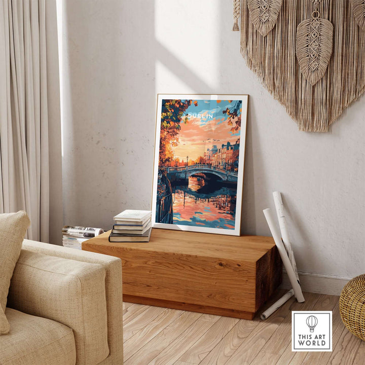 Dublin art print displayed in a modern living room setting, featuring vibrant colors and a scenic bridge view.