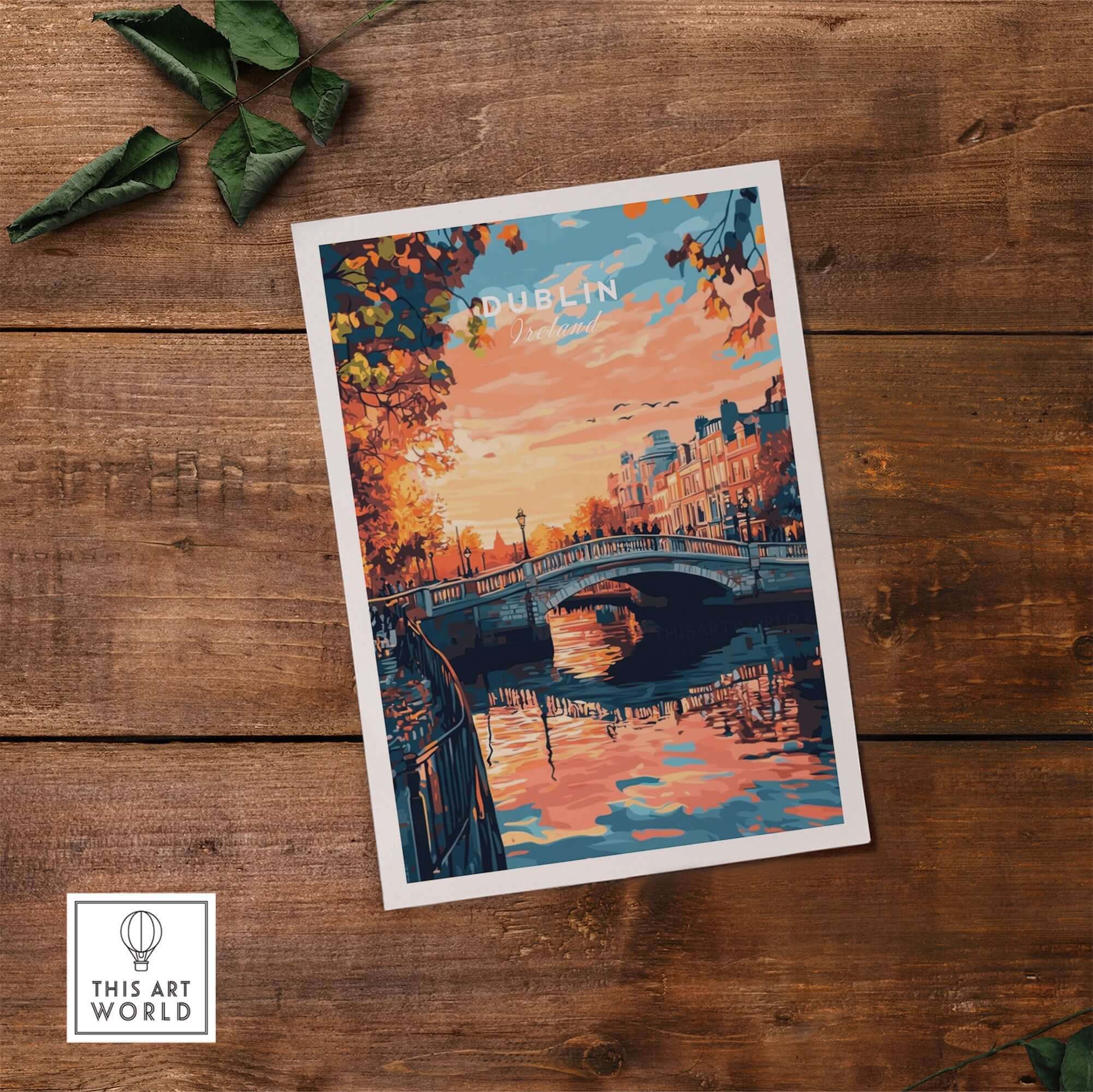 Dublin Art Print showcasing vibrant colors of a sunset over a Dublin bridge, capturing the city's charm and spirit.