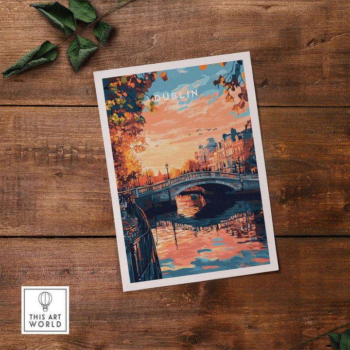 Dublin art print featuring a vibrant sunset over a canal and bridge, set against a rustic wooden background.