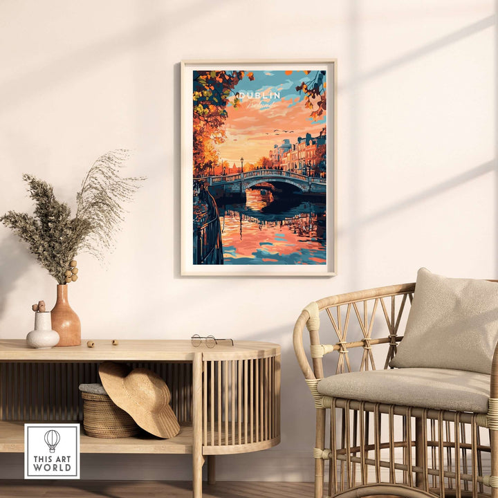 Vibrant Dublin art print hanging on a wall, showcasing a picturesque river scene with colorful sunset hues.