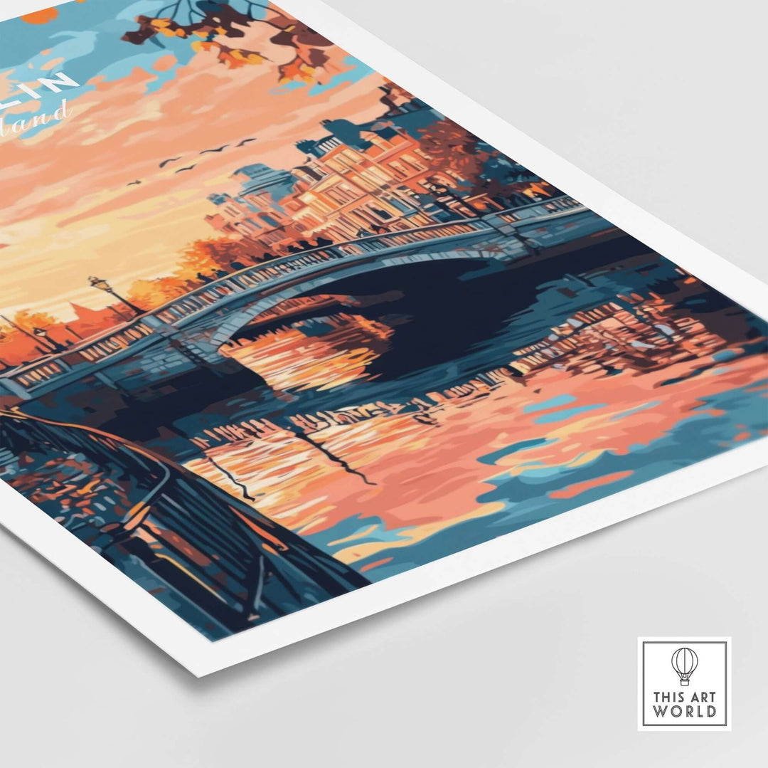 Dublin art print featuring a colorful sunset over a bridge with reflections in the water, showcasing the beauty of Ireland.