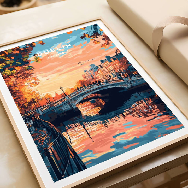 Colorful Dublin art print featuring a sunset over a bridge and reflections in the water, framed and displayed.